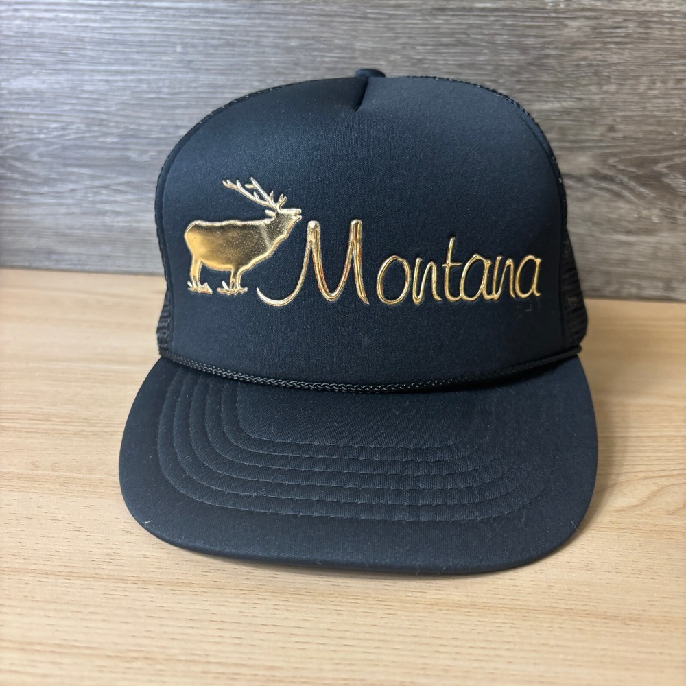Vintage Montana Hat Cap Snap Back Womens Black Trucker Outdoors